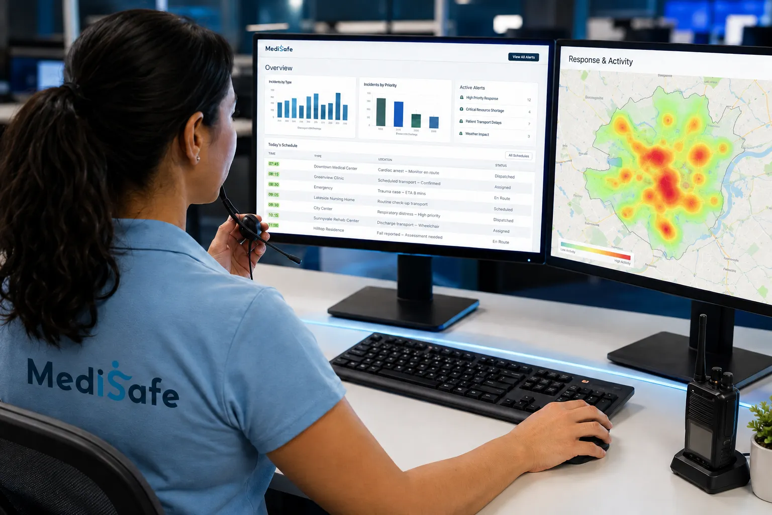 Dispecera MediSafe la birou — ecrane și hartă