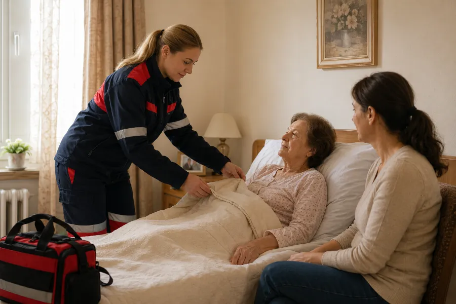 Asistent MediSafe la patul unui pacient vârstnic, acasă